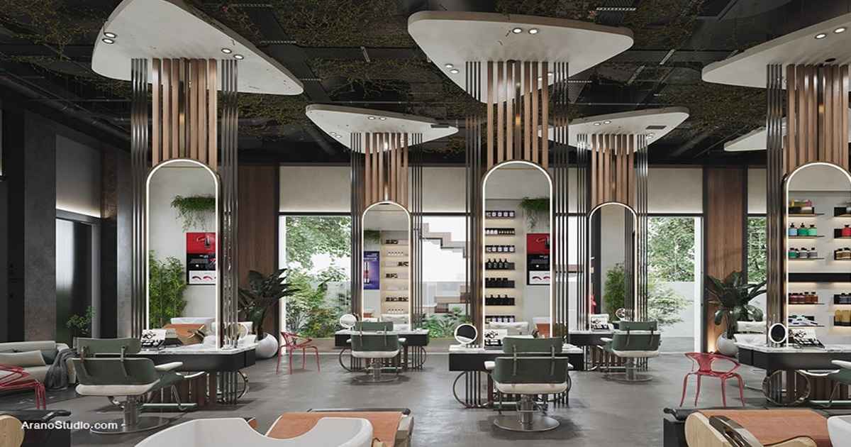 دیزاین سالن زیبایی با گل و گلدان های ایستاده