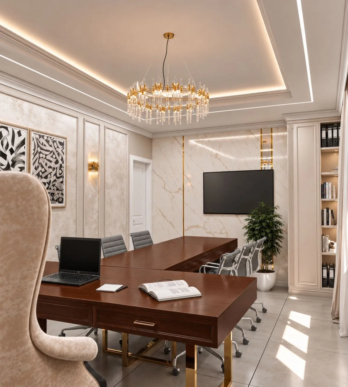 بازسازی کلینیک زیبایی شهران با طراحی داخلی لوکس و میز کنفرانس چوبی
